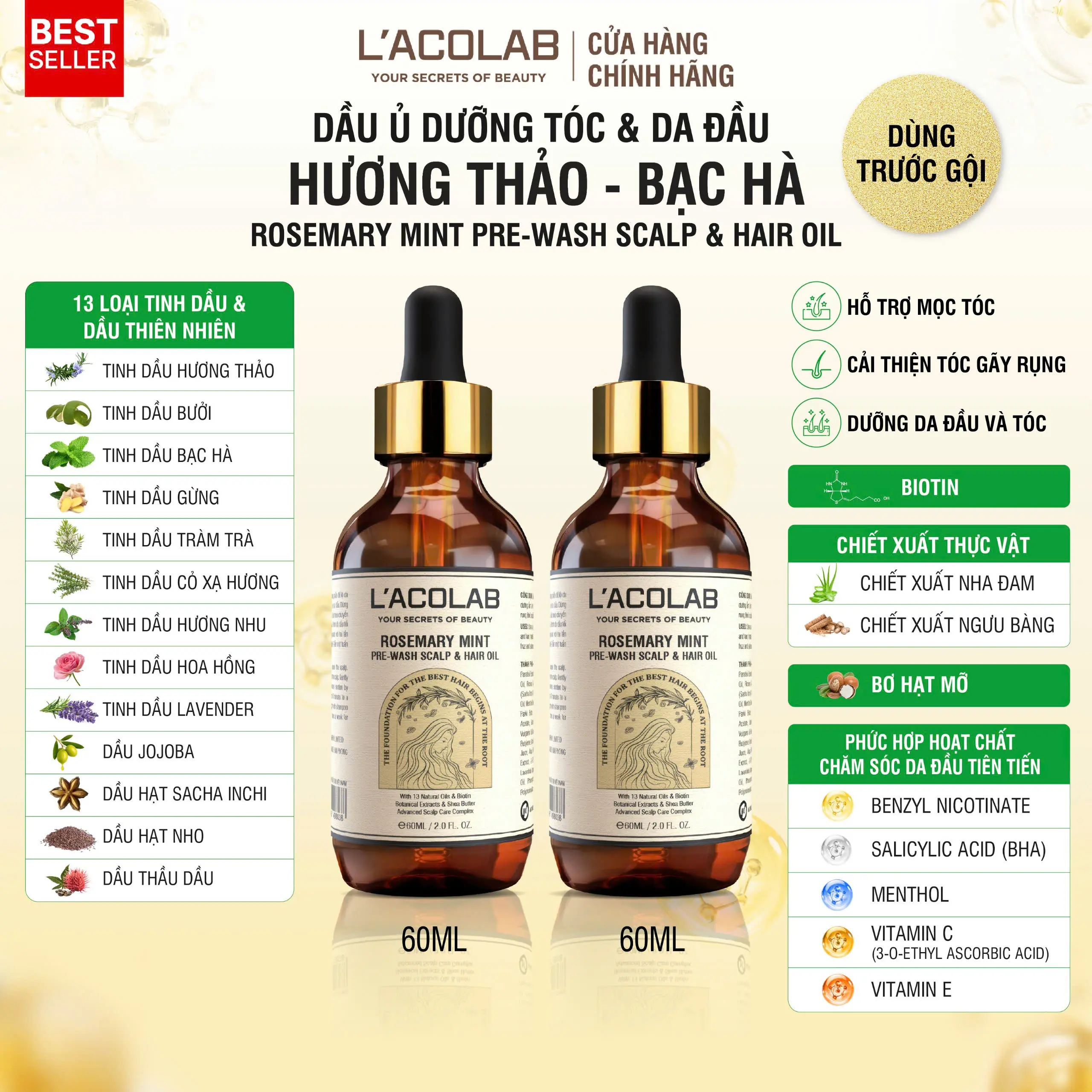 [Combo 2 chai] Dầu ủ dưỡng tóc & da đầu L’acolab | Rosemary Mint Pre-Wash Scalp & Hair Oil 60ml – Hỗ trợ mọc tóc, giúp ngăn ngừa gãy rụng, dưỡng da đầu và tóc